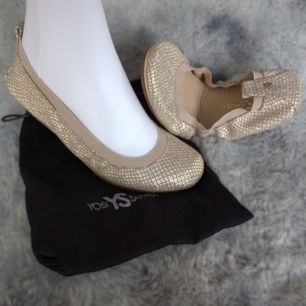 NWT+Bag | Yosi Samra Samara Textured Leather Foldable Ballet Flats | 7 Metallic
